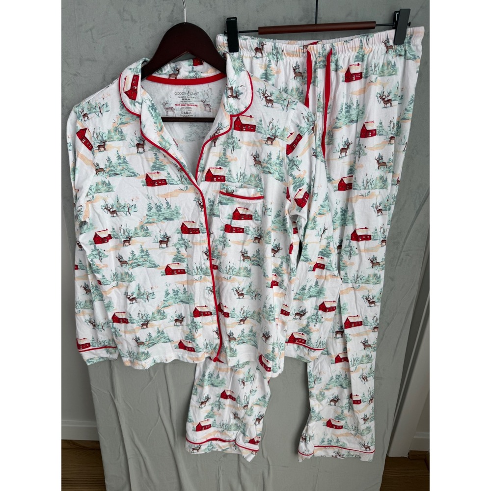 Poppy & Clay Organic Cotton Winter Cabin Deer Pajama Set Women M White Lounge